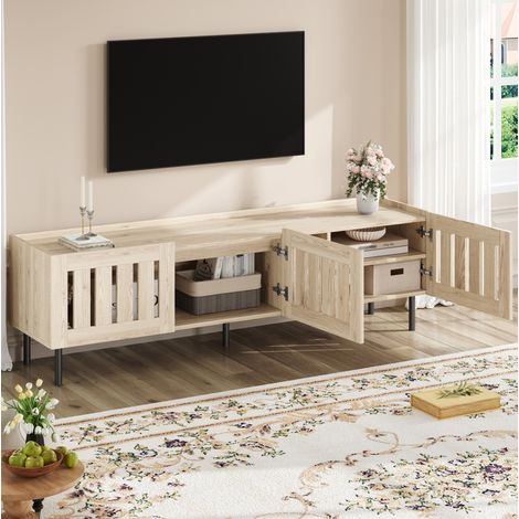 Mueble para TV de MDF y metal color natural 160x40x47 cm, 4 compartimentos, 3 puertas de lamas, para TV de hasta 65" (1/5)