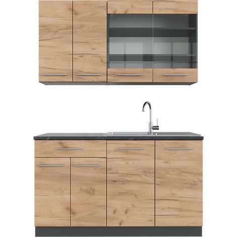 Cucina completa Fame-Line, Quercia dorata/antracite, 140 cm senza piano di lavoro, Vicco