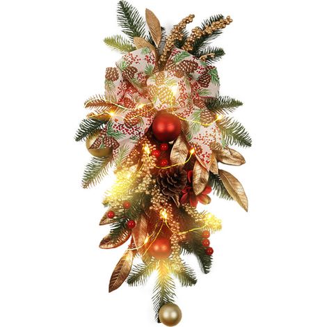 Jeffergarden Couronne de Noël 5525cm, décoration murale de style européen et américain, sapin de Noël à l'envers, ornement de porte d'escalier sur le thème or et rouge (B302/55 décoration murale d'esc (1/4)