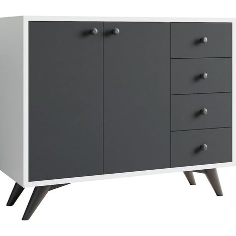 Commode 2 portes 4 tiroirs blanche et anthracite 100cm (1/4)