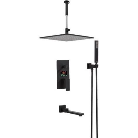 Ensemble de douche mitigeur thermostatique intelli Ensemble de robinets de douche numérique noir mat/chrome, robinet de douche de salle de bain cascade, pommeau de douche mélangeur à affichage numériq (1/5)