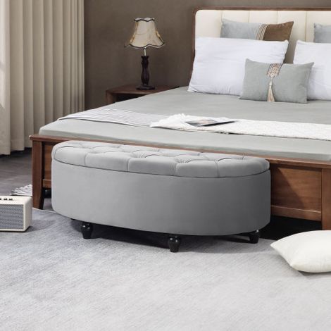 Banc coffre de rangement en bois d'hévéa au fini velours multifonction, pouf et repose-pieds discret et confortable pour chambre et intérieur (1/3)