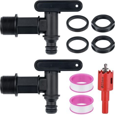 Un ensemble de 2 robinets pour réservoir d'eau de pluie, des raccords de tuyau de 3/4 de pouce, des pièces de rechange en plastique, du ruban adhésif étanche et un outil pour percer les trous pour l'i (1/4)