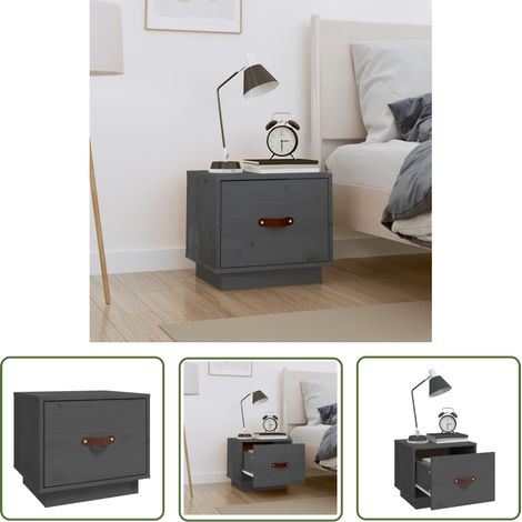 The Living Store Table de chevet Gris 40x34x35 cm Bois de pin solide - Table De Chevet - Meuble De Chambre - Table Nuit - Bois Massif - Pin (1/5)