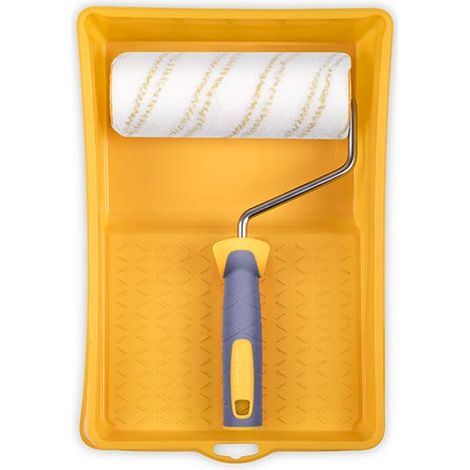 HARDY WORKING TOOLS Rullo Di Vernice Set, Rotolo e vasca colorati, di poliestere, Altezza del pelo 12mm, Lunghezza 18cm, Diametro 48mm, bianco-giallo-grigio (1/4)