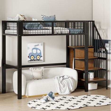 CHICFURN Letto alto bimbi 90x200 in metallo nero con vano contenitore, senza materasso (1/5)