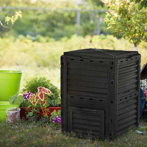 Composteur de jardin 300L bac composteur pour jardin en polypropylène 48 aérations 60,5 x 60,5 x 81,5 cm noir