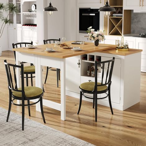 Îlot de cuisine extensible,Desserte cuisine avec roulettes,Table de bar extensible avec rotation à 360° et espace de rangement,longueur réglable entre 120 et 180 cm,table haute extensible