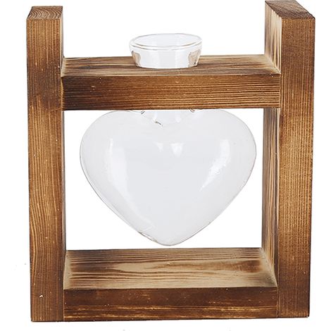 Vase de table transparent en forme de cœur avec cadre en bois vintage - Décoration intérieure élégante