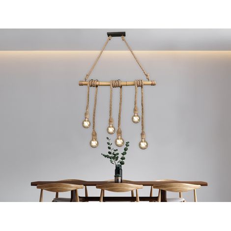 LED Holzbalken Pendelleuchte 6-flammig mit Bambusrohr & Tau, Breite 100cm (1/5)