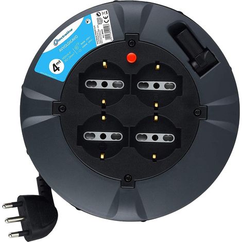 Electraline 49019 Prolunga Elettrica con Avvolgicavo, 3G 1 mm, Lunghezza 4 m, 4 Prese Bivalenti, Spina 16 A, Nero