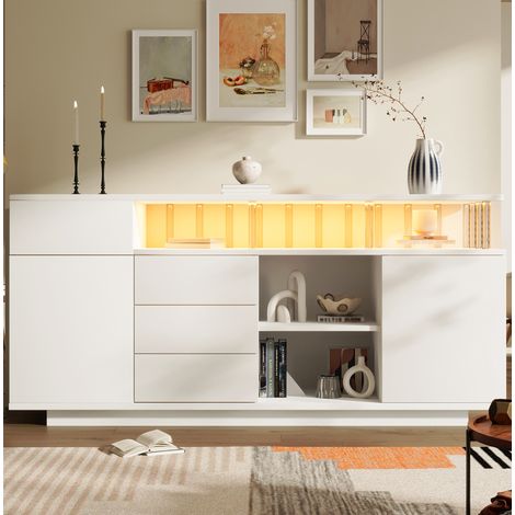 Buffet 160 x 40 x 75 cm blanc avec LED, 4 tiroirs, 2 portes, MDF et acrylique REDOM (1/5)
