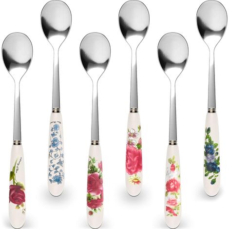 florale Keramik-Kaffeelöffel – 6er-Set 15,5 cm lange Dessertlöffel aus Edelstahl – für Espresso, Tee und Gebäck  Elegante Geschenkidee für die Küche (1/5)