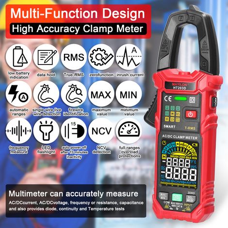 Pince multimètre numérique MAYILON 600V, testeur ampèremètre voltmètre autorange, TRMS 6000 points, NCV, 60A, mesure tension, résistance, capacité, température, diodes, continuité