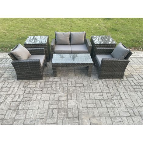 Fimous 4 Seater Outdoor Rattan Garden Furniture Set Patio Lounge Sofa Set with Coffee Table 2 Side Tables Dark Grey Mixed (1/5)