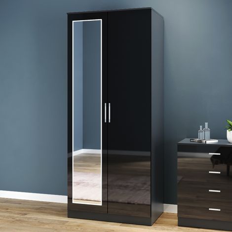 ELEGANT Wardrobe 2 Doors High Gloss Bedroom Storage Furniture with Shelf and Hanging Rail, Black with Mirror