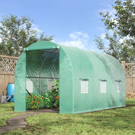 Outsunny Tunnelgewächshaus 8 m² (4 m L x 2 m B x 1,9 m H) Verstärkter, verzinkter Stahl, Fenster mit 2,4 cm Durchmesser und hochdichter PE-Folie, begrünte Tür