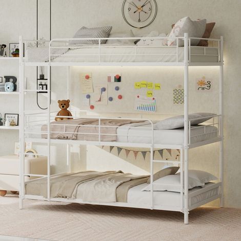 Lit Superposé Triple 90x190cm - Lit enfant en Métal - Structure Robuste avec Échelles Intégrées et Barrières de Sécurité - Blanc (1/5)