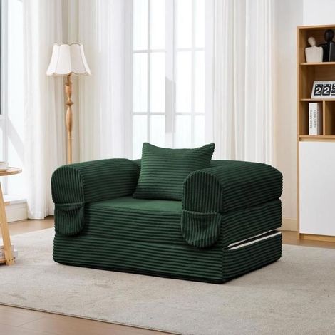 Canapé convertible - KOMHTOM - Fauteuil convertible - Velours côtelé - 1 place - Coussin inclus - Vert (1/5)