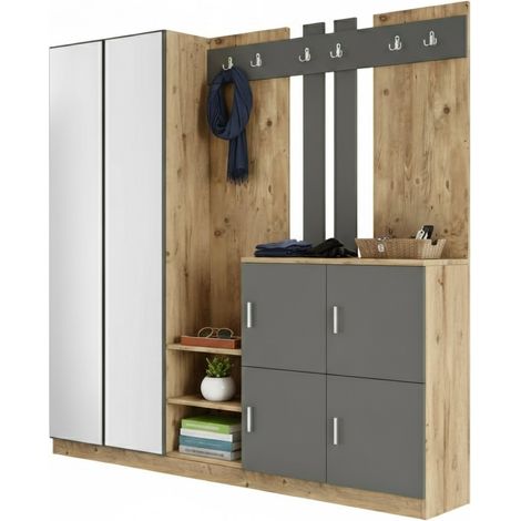 Dmora - Mobile da ingresso Media, Entratina appendiabiti, Composizione per atrio, Consolle portaoggetti multifunzione, 187x38h180 cm, Quercia e Antracite, con imballo rinforzato, con imballo rinforzat