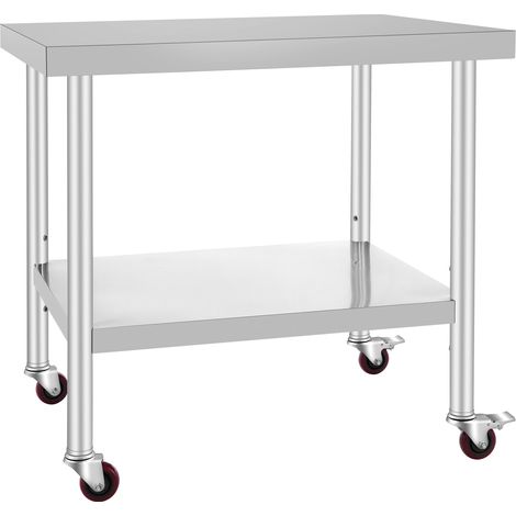 Mophorn Tavolo da lavoro in acciaio inox 36 x 30 x 34 pollici, capacita di carico di 700 libbre con 4 ruote, 3 livelli di altezza regolabili, tavolo da lavoro per la preparazione di alimenti per