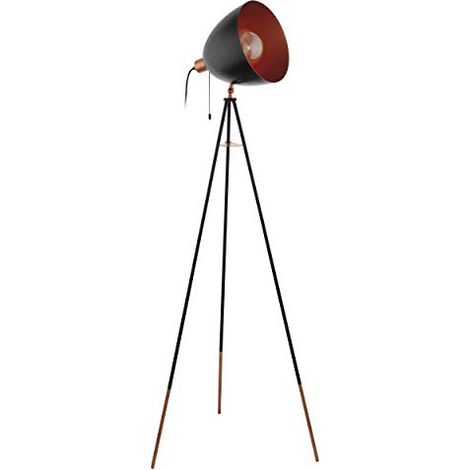 EGLO Lampada da terra treppiede Chester, Lampadario da terra vintage a 1 luce, Piantana in acciaio, colore: nero, rame, attacco: E27, interruttore a strappo incluso (1/4)