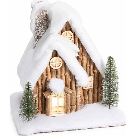 Casetta di Natale in legno con tetto innevato, alberelli e luci LED decorative 31x23,5x32 cm (1/3)