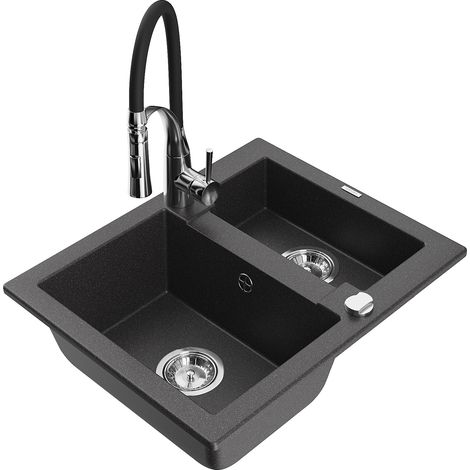 Mexen Carlos fregadero de granito de 1,5 cubetas con grifo de cocina Aster, negro moteado - 6518-76-73450-07 (1/5)