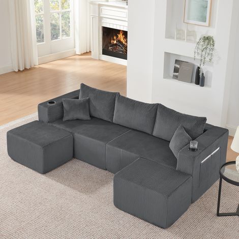 Canapé d’angle modulable 3 places avec rangement, canapé en L avec méridienne et assise mousse Gris (1/5)