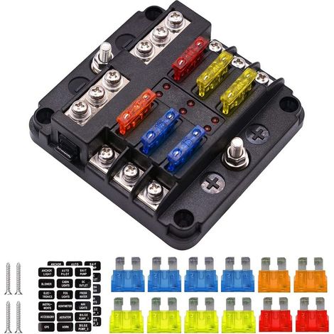 Bloc-fusibles étanche 6 voies avec indicateur LED – 100A max, 30A par circuit – Matériau PBT ignifuge – Pour voiture, bateau, SUV (1/5)