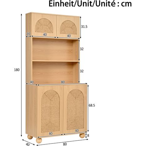 Buffet vitré 3 portes tressées, armoire haute de rangement, meuble d'entrée en panneaux de particules et MDF, piètement boule en pin, étagère pour salon, meuble bas demi-hauteur (1/5)