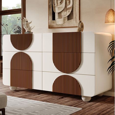 Cassettiera in MDF bianco con 6 cassetti, dettagli effetto legno cioccolato, 121 x 41 x 71 cm (1/5)