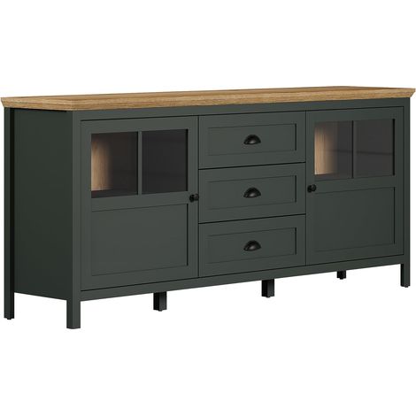 trendteam smart living - Stanton - Credenza - Verde scuro/Rovere - Armadio con 2 ante e 3 cassetti completamente estraibili - Vetrina con maniglie a conchiglia nere - 185 x 86 x 45 cm - Stile rustico (1/5)