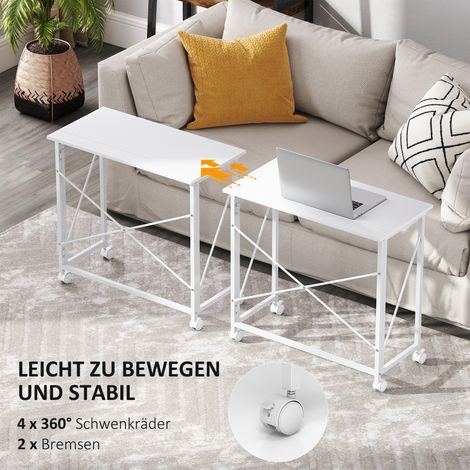Bureau pliant sur roulettes avec structure en acier pour salon, chambre ou bureau 80 x 40 x 75 cm Blanc (1/5)