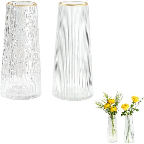 Lot de 2 vases en verre pour fleurs, vases à fleurs pour salon, vase à rayures verticales à bord doré et vase ondulé à bord doré, décoration pour la maison, le salon (1/5)