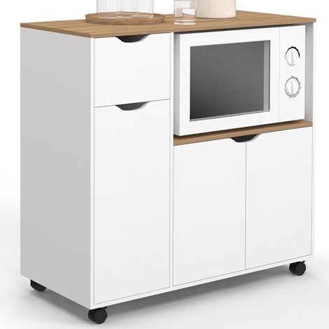 Idmarket – Desserte micro-onde de cuisine avec tiroir bois blanc – 90 cm de long x 40 cm de profondeur x 85,5 cm de haut – 4 roulettes pour mobilité (1/5)