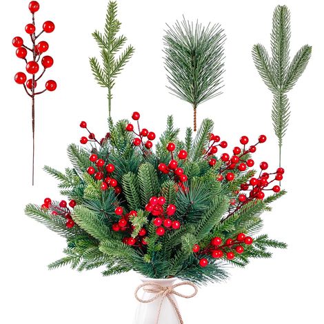 Branches De Pin - Faux Feuillage Vert Avec Baies Rouges - Pour Couronnes De Noël Et Guirlandes - 60 Pièces (1/5)