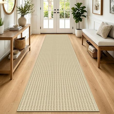 Tapis de couloir antidérapant et lavable, ultra doux avec texture géométrique 3D, pour entrée, buanderie, couloir et cuisine - 80 x 300 cm - Crème (1/5)