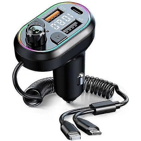 Chargeur de voiture pour lecteur MP3 Bluetooth, kit mains libres, allume-cigare, radio FM, kit mains libres, lecteur MP3 et chargeur de téléphone pour voiture. (1/5)