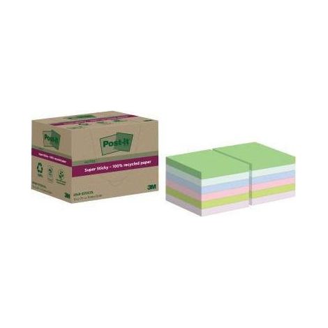 POST-IT Haftnotiz Post-it® Super Sticky Recycling Notes 76 x 76 mm (B x H) mehrfarbig 70Bl./Block 12 Block/Pack. (1/4)