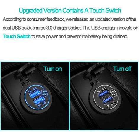 Un chargeur allume-cigare de voiture en plastique noir et bleu avec prise USB QC3.0 et interrupteur, compatible avec... (1/4)