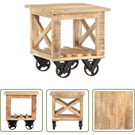 The Living Store Table d'appoint avec roues 40x40x42 cm Bois de manguier brut - Table D'appoint - Table Basse - Meubles Vintage - Mobilier Rustique - Table En Bois Massif (1/5)