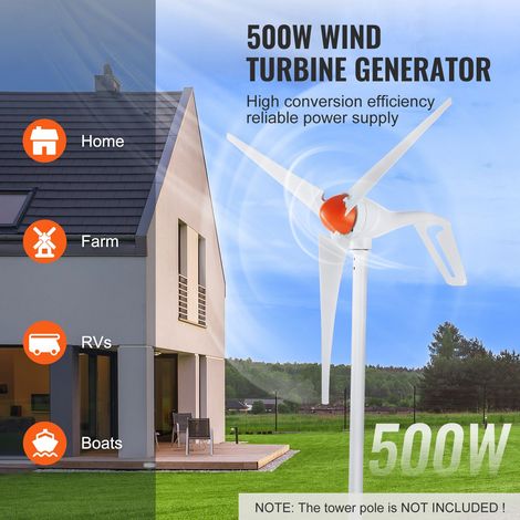 Éolienne 500W 12V, kit turbine éolienne 3 pales avec régulateur MPPT, direction vent ajustable, démarrage 2.5m/s, pour maison ferme camping-car bateau (1/5)