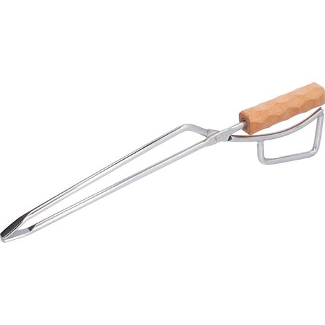 Pince à bûches avec manche en bois de hêtre et pince en acier inoxydable résistant aux hautes températures, idéale pour le camping et les pique-niques en plein air. (1/5)
