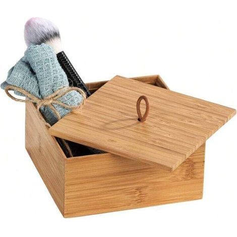 Boîte de rangement avec couvercle en bambou, panier de salle de bain couleur naturelle, boîte de rangement moderne avec couvercle pratique, adaptée à la salle de bain, aux toilettes d'invités, à la cu (1/4)