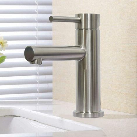 Robinet de lave-mains Mitigeur Lavabo Monotrou En Chaud Et Froid Finition Brossée Acier Inoxydable (1/5)