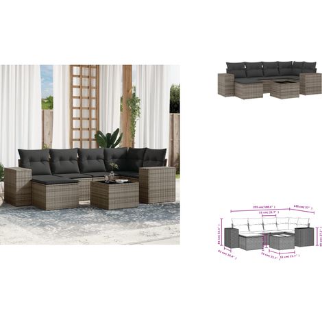 7-tlg. Garten-Sofagarnitur mit Kissen Grau Poly Rattan - Gartenmöbel Set - PE-Rattan Möbel - Outdoor Lounge - Esstisch - Sofasatz (1/3)