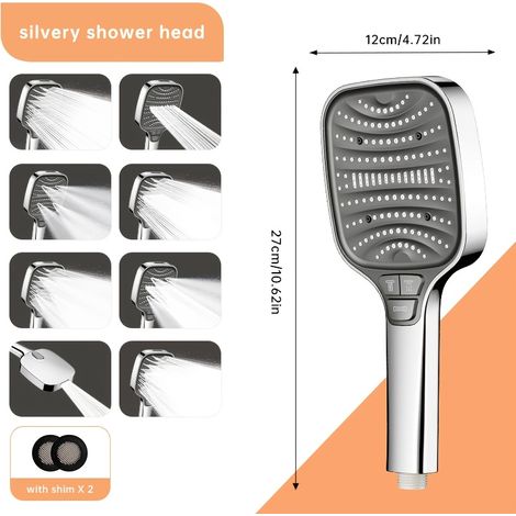 Pommeau de douche carré haute puissance (8 modes de jet) — Système de douchette à main dédié pour salles de bain