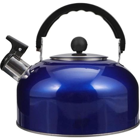 Bouilloire sifflante en acier inoxydable 2 litres pour cuisinière - Bouilloire de camping pour gaz avec poignée ergonomique - Bouilloire pour réchaud à gaz 2 litres (bleu) (1/5)