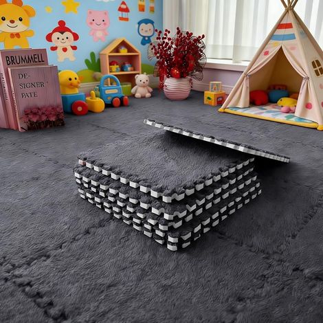 12 pièces de tapis en mousse en peluche emboîtables, tapis de salon-chambre, tapis de sol avec bord, douces tapis de jeu puzzle en tapis 30x30x1cm (Noir) (1/5)